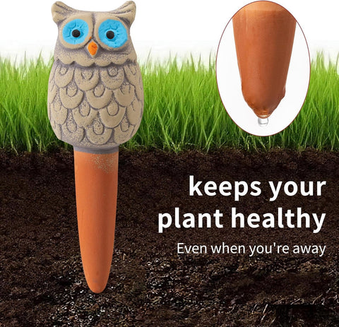 Sure Yuesi handmade terracotta owl spike adds decorative charm while regulating water release.