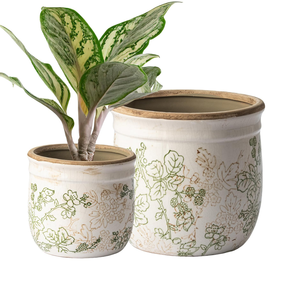 SURE YUESI pastoral beige ceramic planter 4.7-inch with floral pattern for indoor decor and windowsill display.