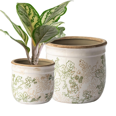 SURE YUESI pastoral beige ceramic planter 4.7-inch with floral pattern for indoor decor and windowsill display.