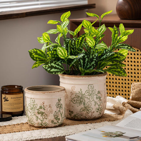 SURE YUESI pastoral beige ceramic planter 5.7-inch with florals for shelves.