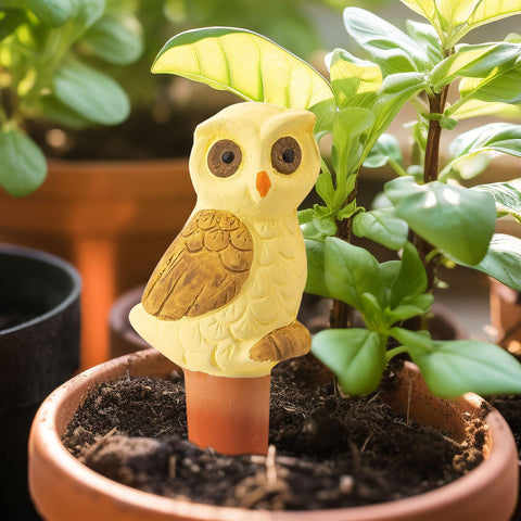 Sure Yuesi owl-globe watering spike set fits pots, baskets, and garden beds for versatile hydration.