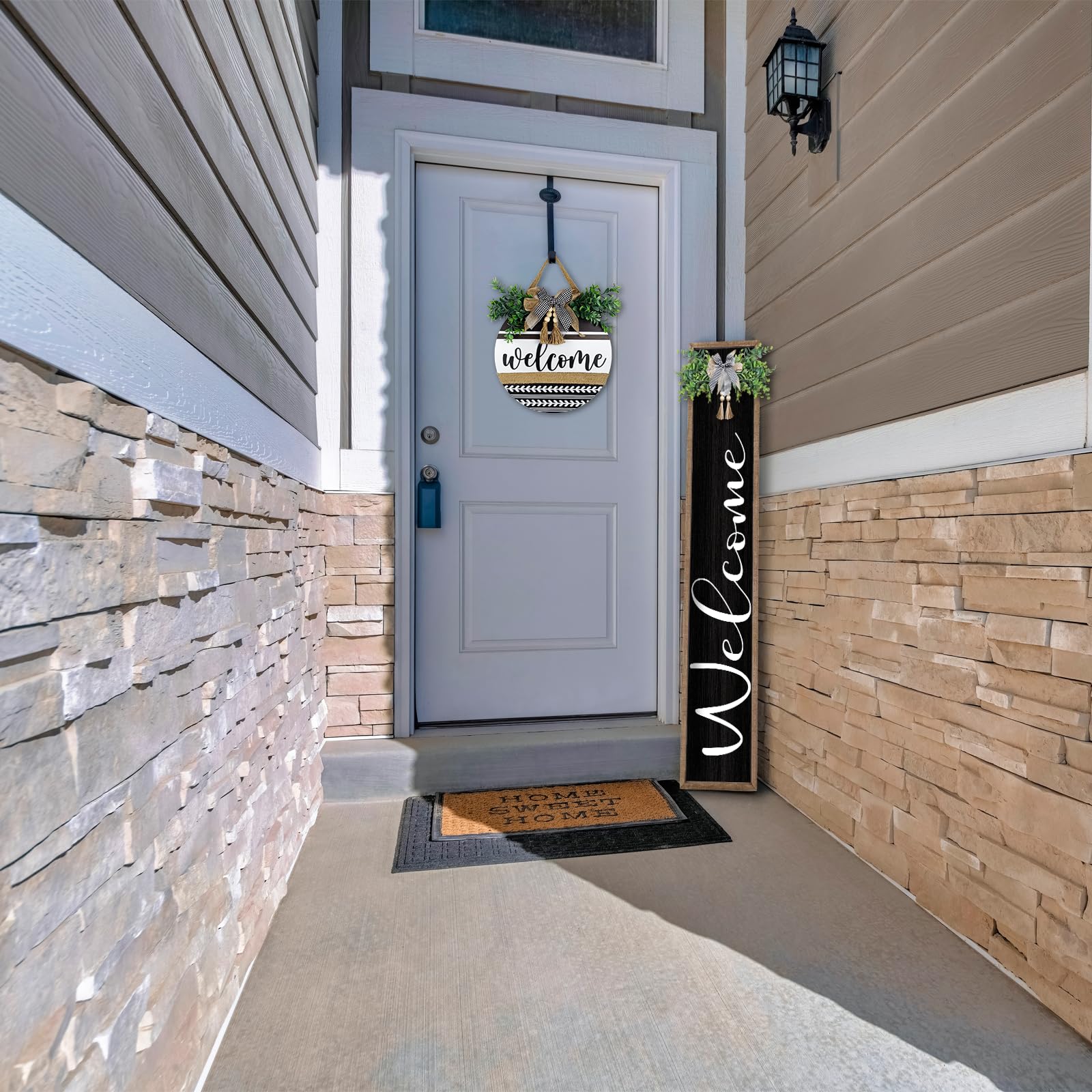 Surfapans plaid bow with eucalyptus detail adds warm curb appeal.