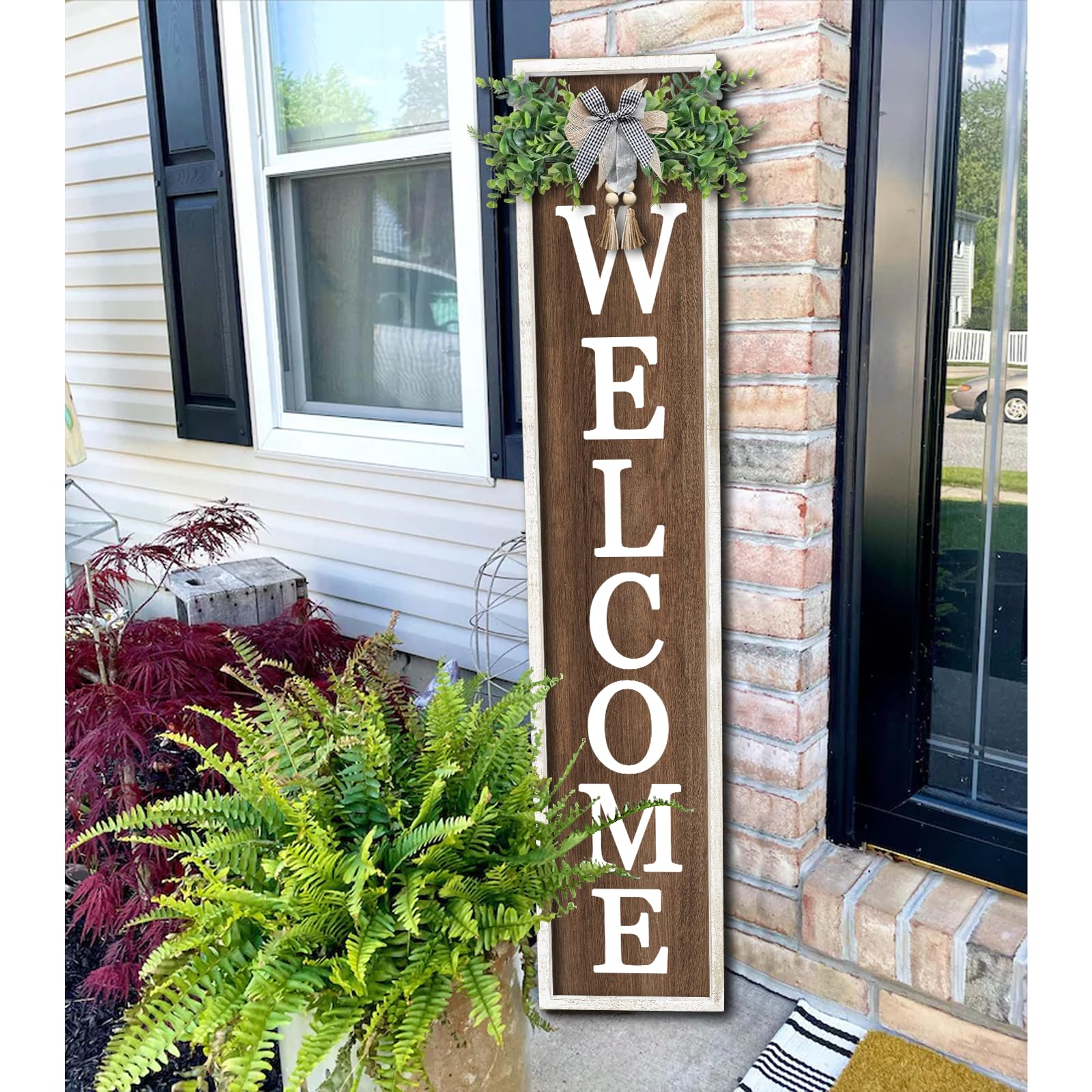 Surfapans welcome sign on porch, 45 inches tall, white wood; boosts curb appeal.