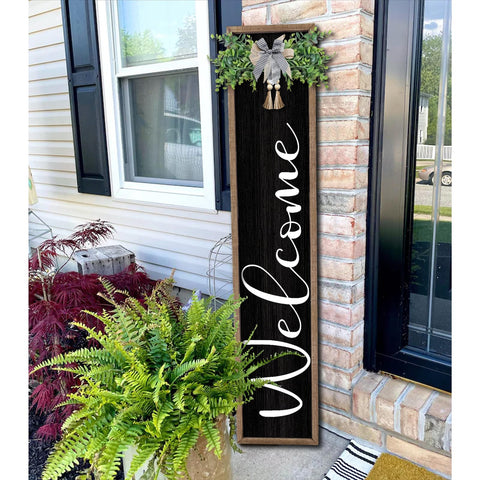 Surfapans wooden welcome sign in black finish, ideal for farmhouse front porch.