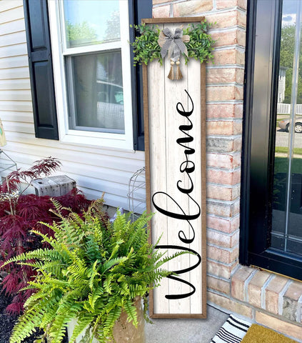 Surfapans welcome sign on wood frame enhances porch curb appeal