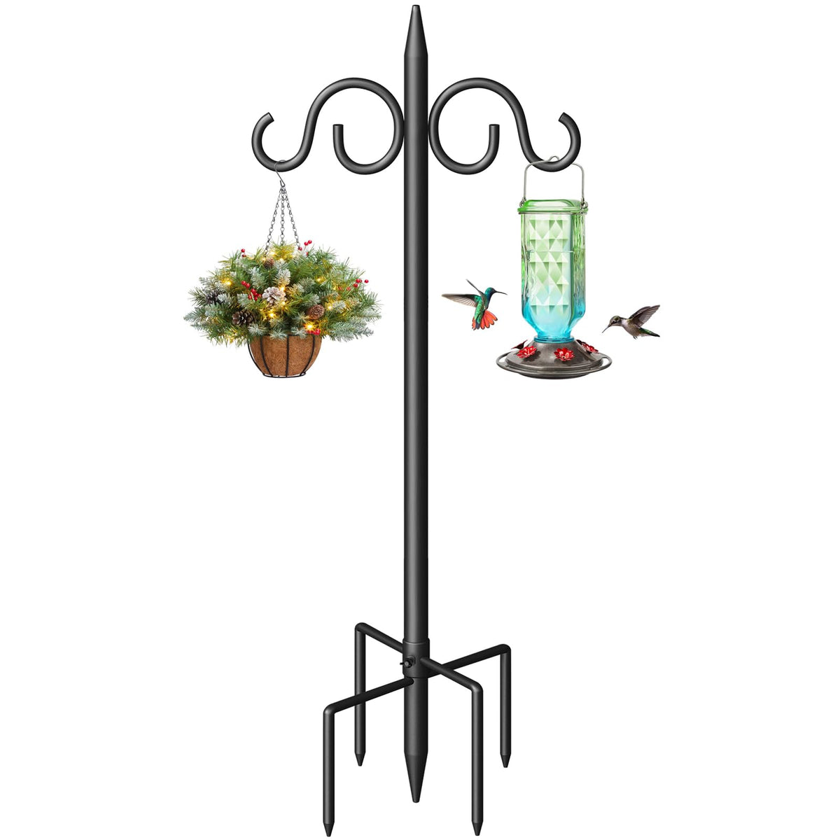Surprizo double shepherds hook with two sturdy hooks for bird feeders and lanterns.