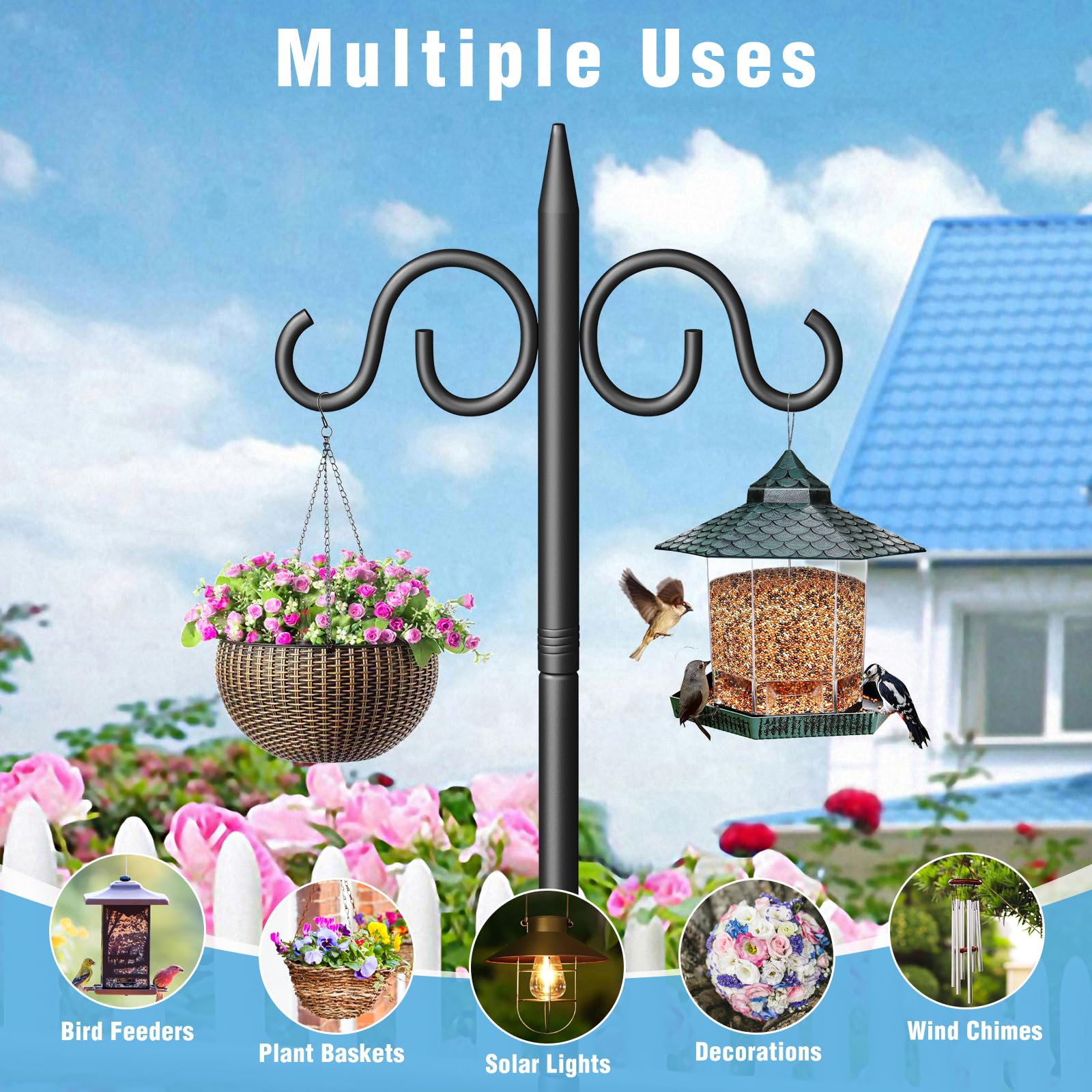 Surprizo versatile hanger holds bird feeders, wind chimes, and baskets.