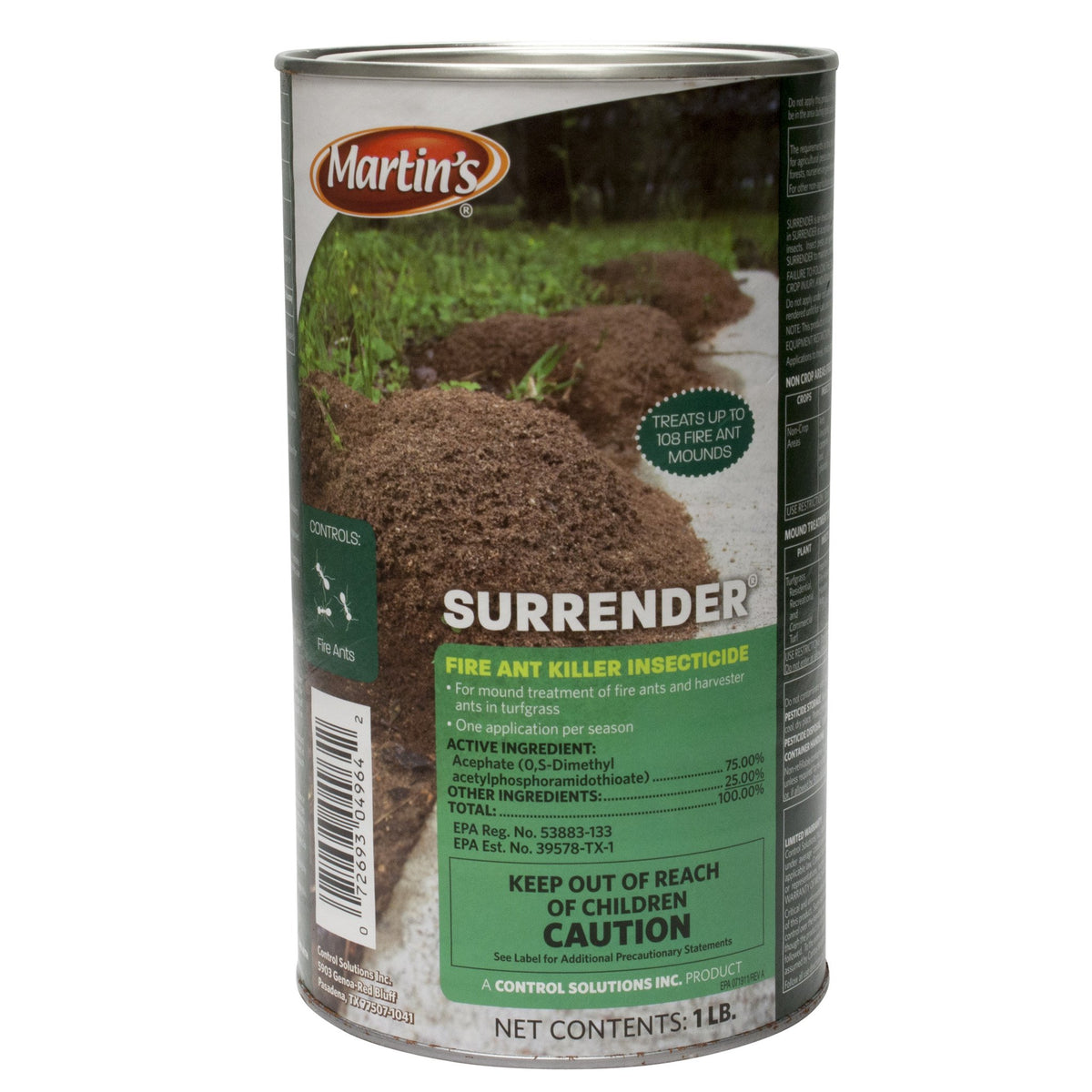 SURRENDER Acephate 75 SP fire ant killer bottle for outdoor mound treatment in turf.