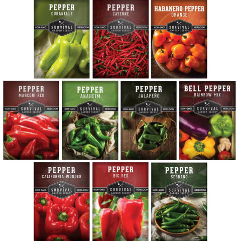SURVIVAL GARDEN SEEDS 10 pepper seed packs cover shows versatile heirloom mix for homes