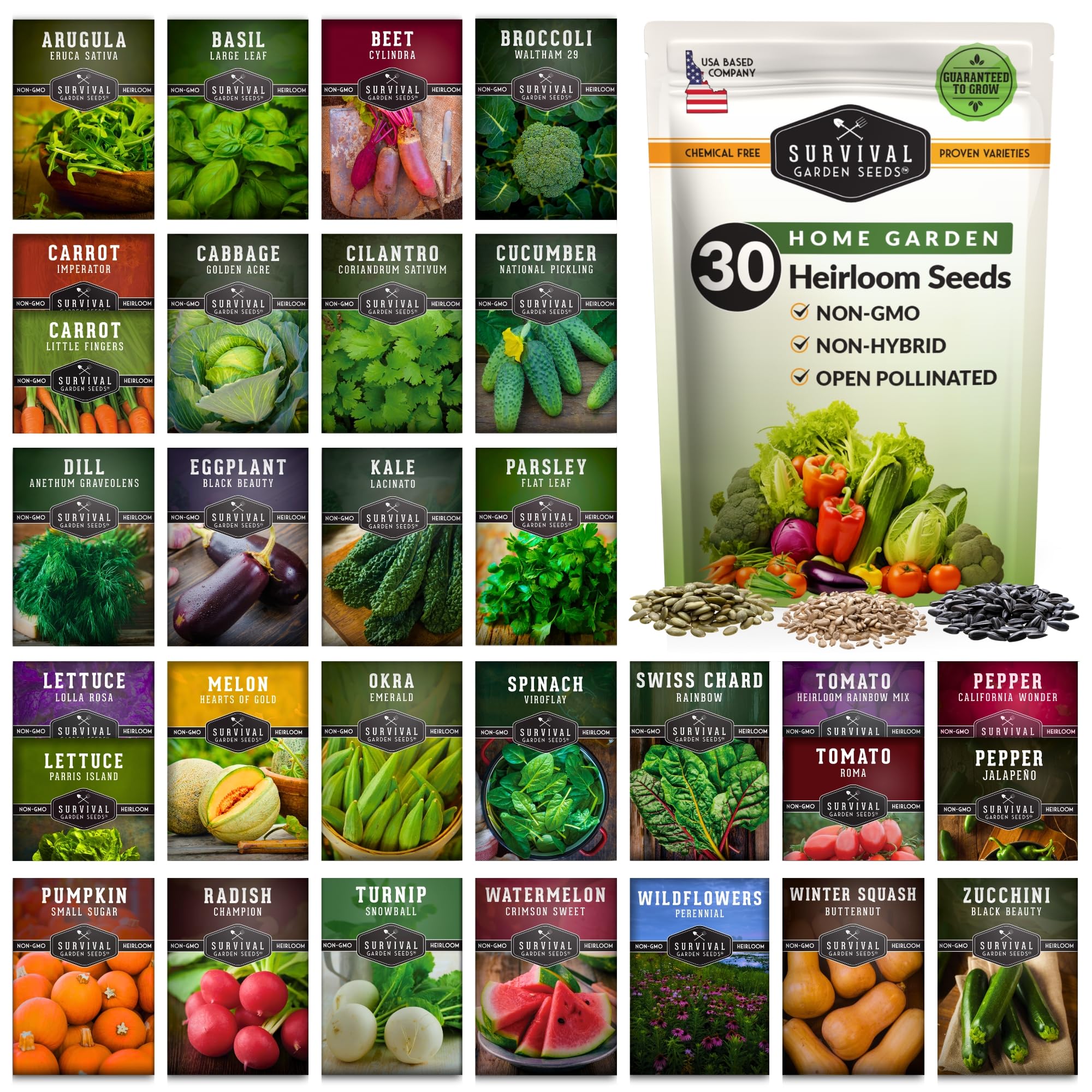 Survival Garden Seeds 30-varieties pack ready for year-round planting.
