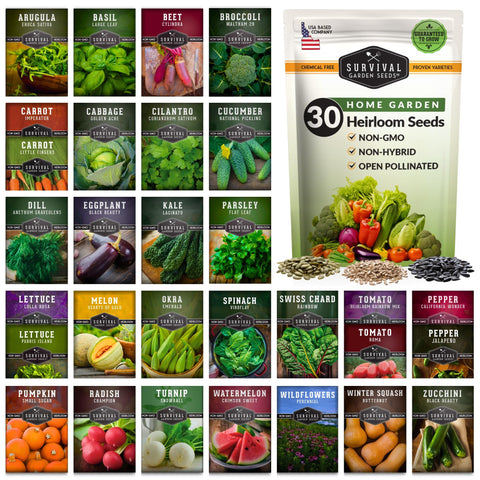 Survival Garden Seeds 30-varieties pack ready for year-round planting.