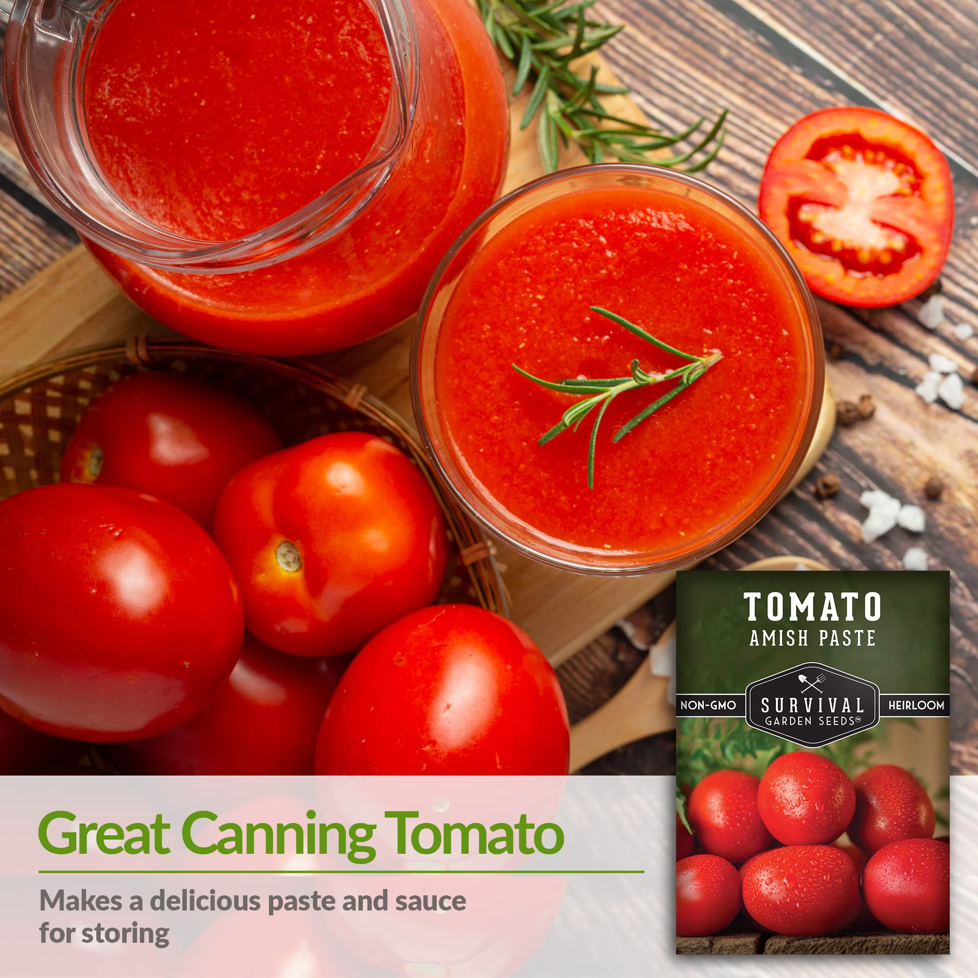 Close-up of bright red Amish Paste tomatoes on the vine.