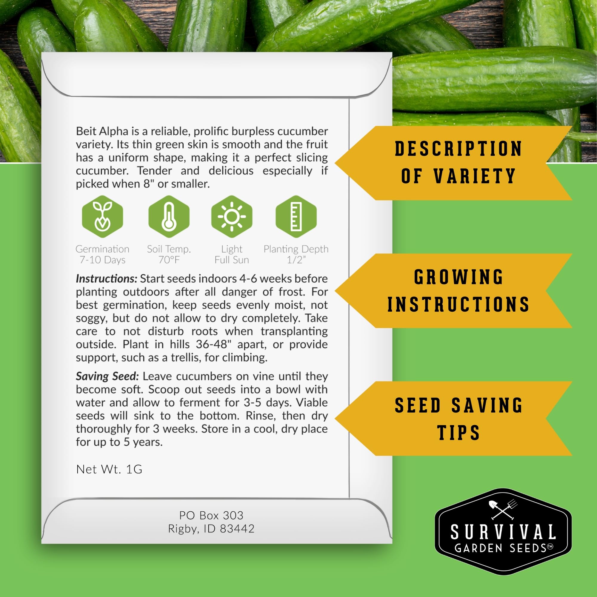 Beit Alpha cucumber seed packets shown for potting and container gardening by SURVIVAL GARDEN SEEDS