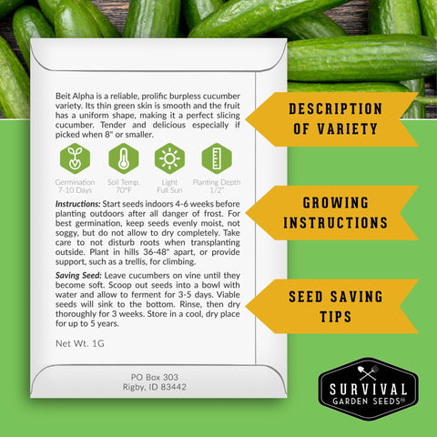 Beit Alpha cucumber seed packets shown for potting and container gardening by SURVIVAL GARDEN SEEDS