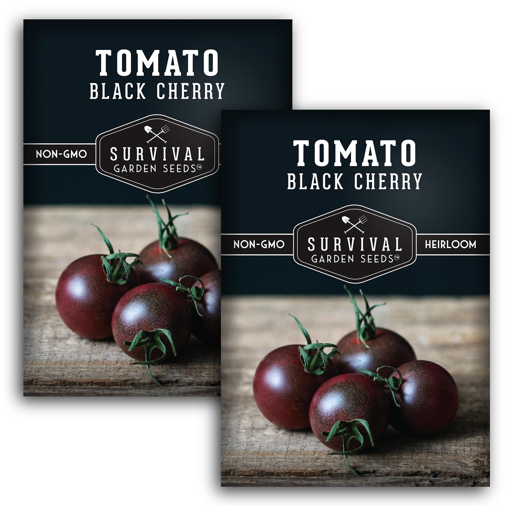 Survival Garden Seeds black cherry tomato seeds pack front ready for planting a gourmet harvest.