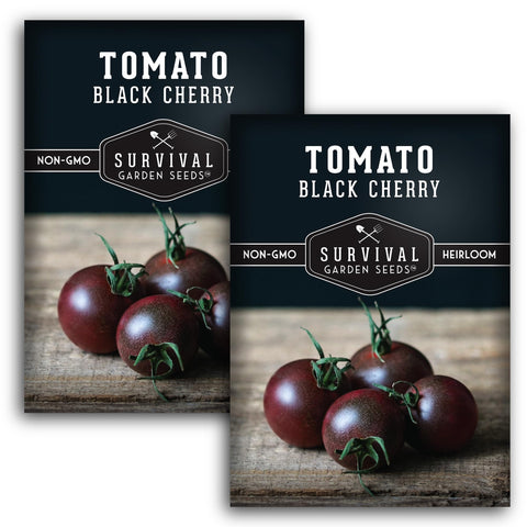 Survival Garden Seeds black cherry tomato seeds pack front ready for planting a gourmet harvest.