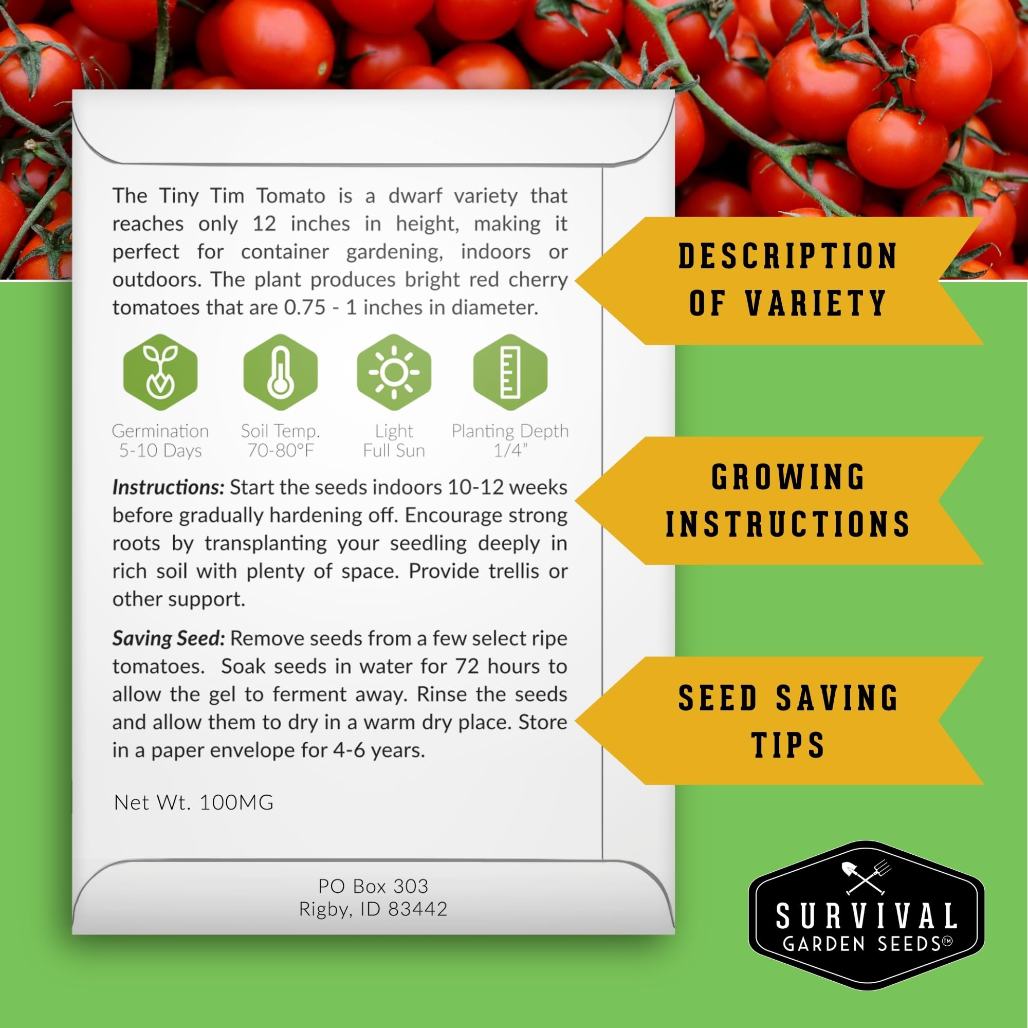 SURVIVAL GARDEN SEEDS Black Cherry tomato seeds for deep, flavorful harvests.