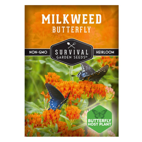 Survival Garden Seeds butterfly milkweed seed packet shows orange blooms for pollinators