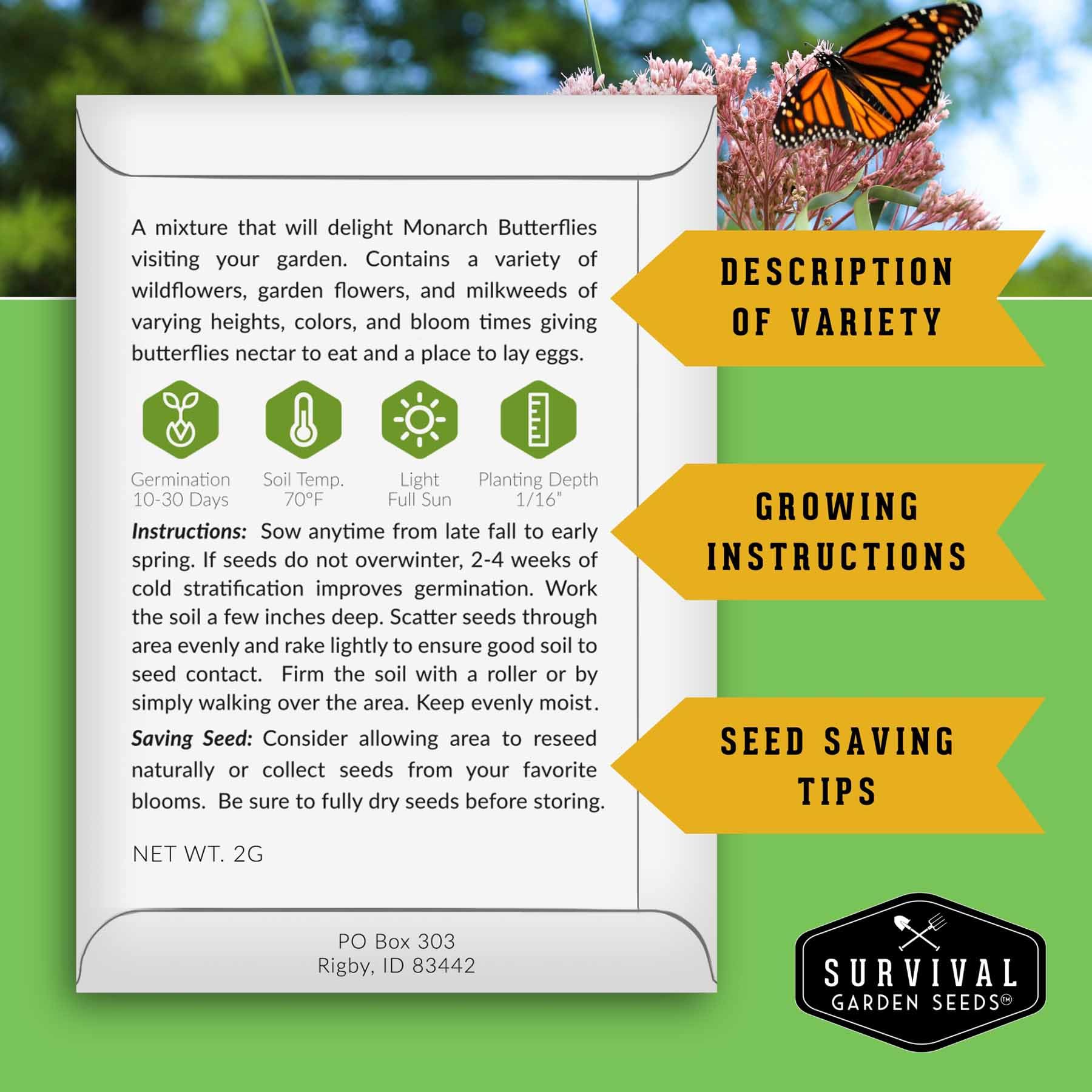 Survival Garden Seeds butterfly mix blooms attract butterflies and pollinators.