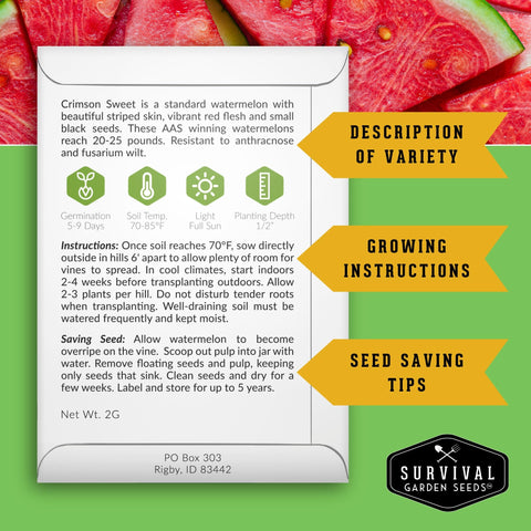 Crimson Sweet watermelon fruit from SURVIVAL GARDEN SEEDS
