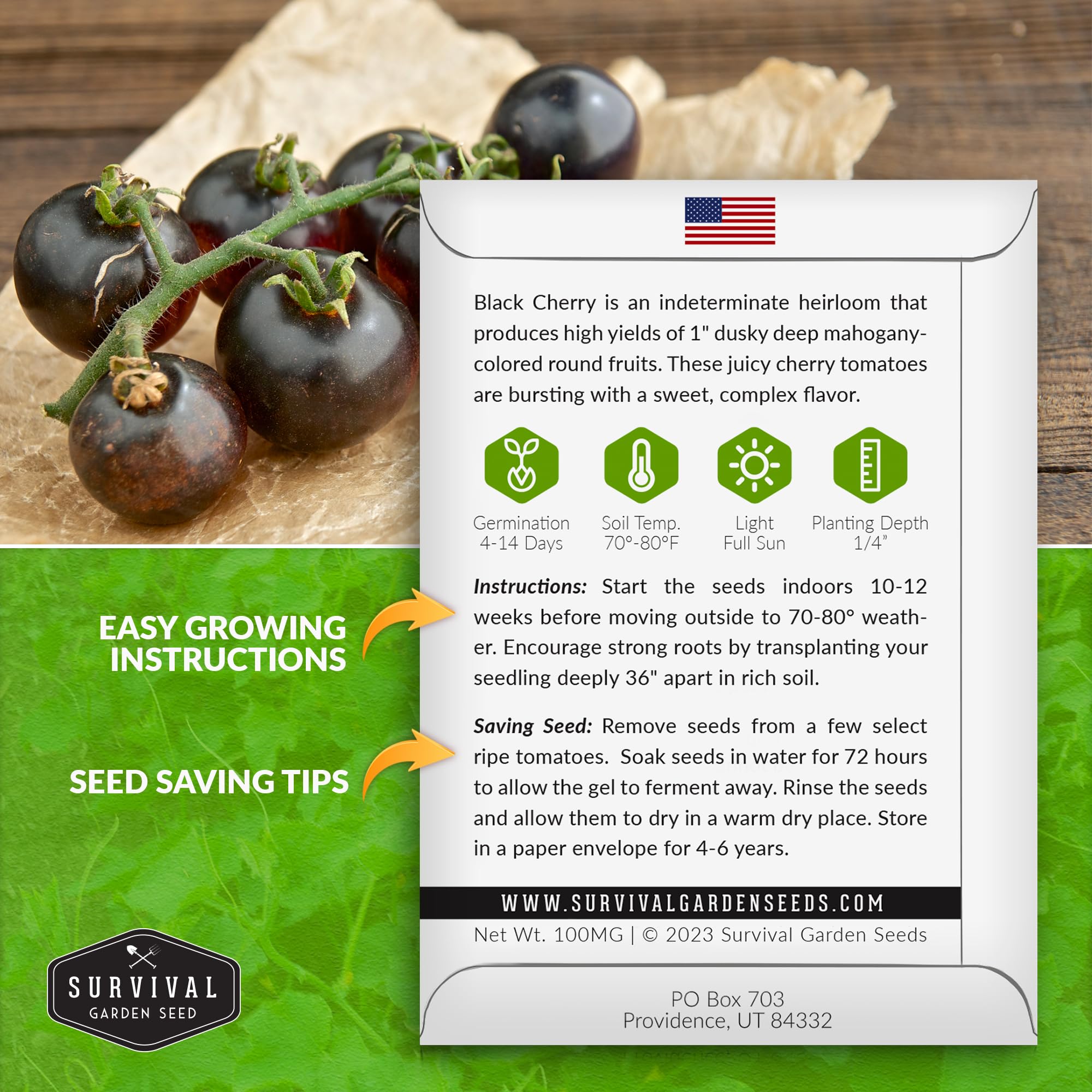 Survival Garden Seeds dark purple cherry tomatoes – rich color adds drama to salads and snacks.