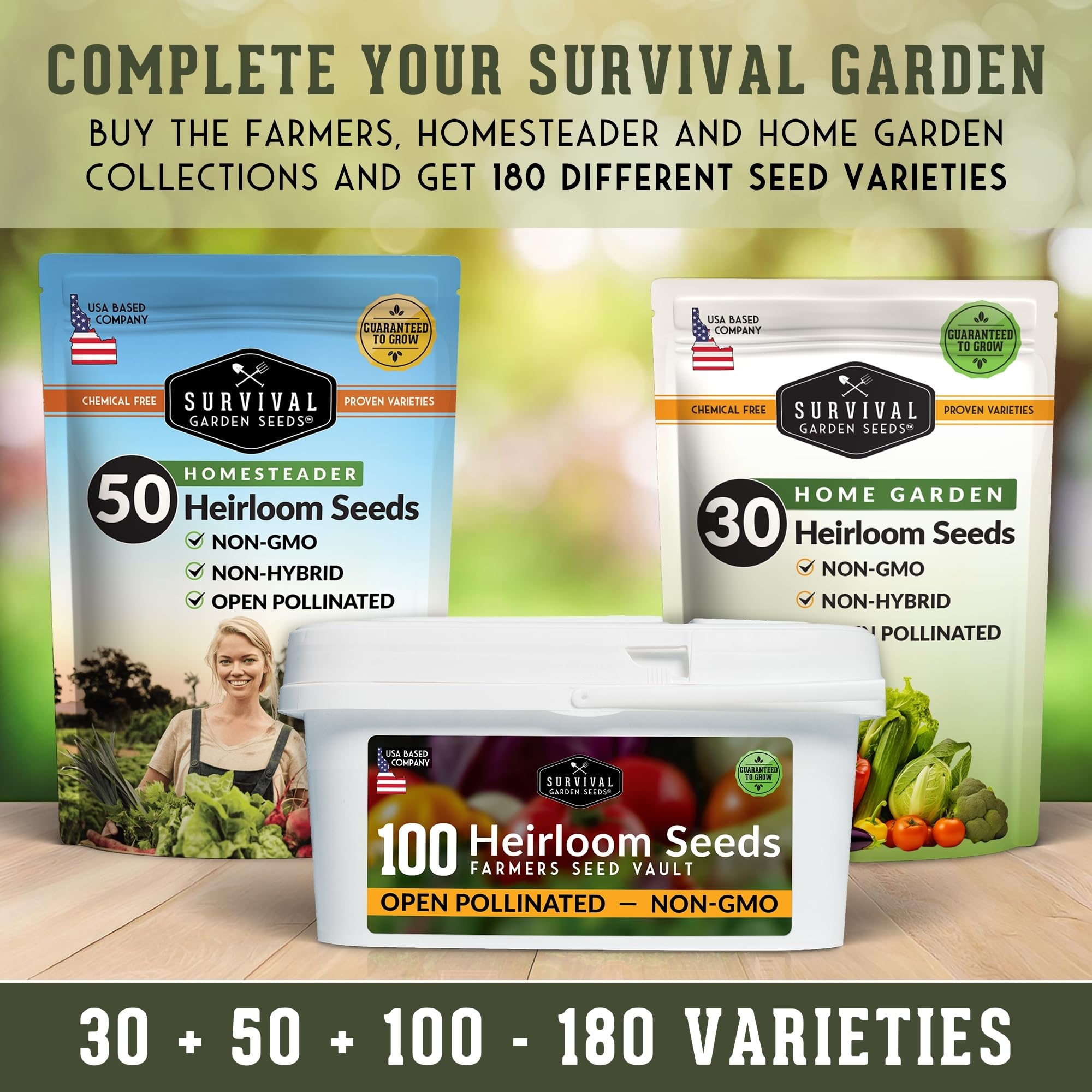 Survival Garden Seeds emergency storage kit with labeled envelopes and vault.
