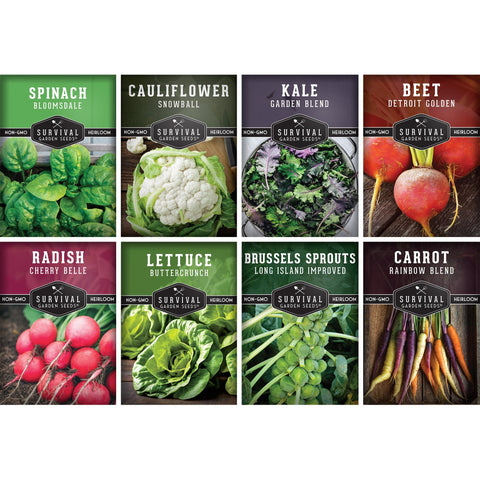 SURVIVAL GARDEN SEEDS fall-winter collection front pack for easy autumn planting.