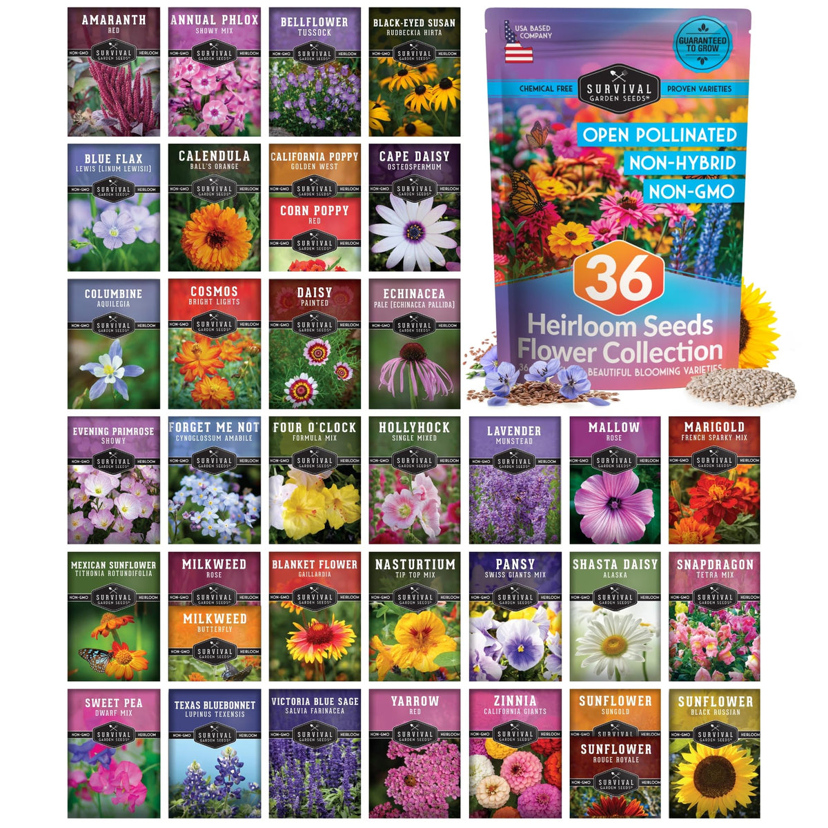 Survival Garden Seeds flower seed kit 36 packets adds vibrant pollinator-friendly blooms.