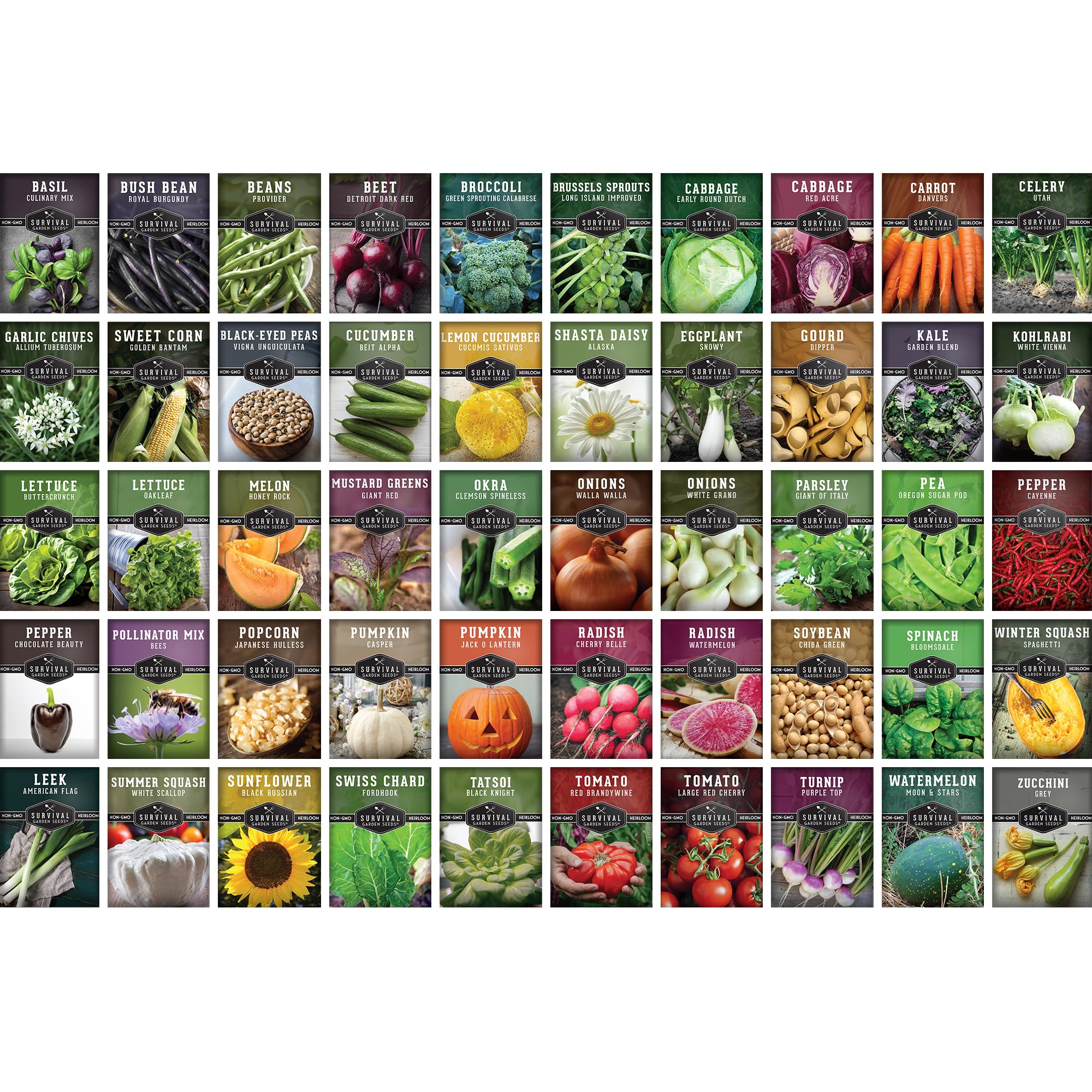 SURVIVAL GARDEN SEEDS garden-ready crops lineup includes greens, peppers, tomatoes, squash.