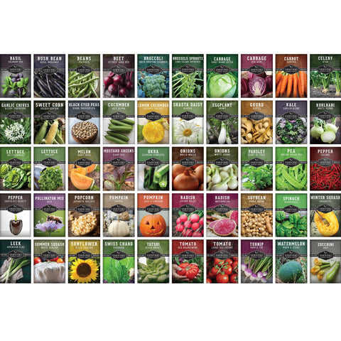 SURVIVAL GARDEN SEEDS garden-ready crops lineup includes greens, peppers, tomatoes, squash.