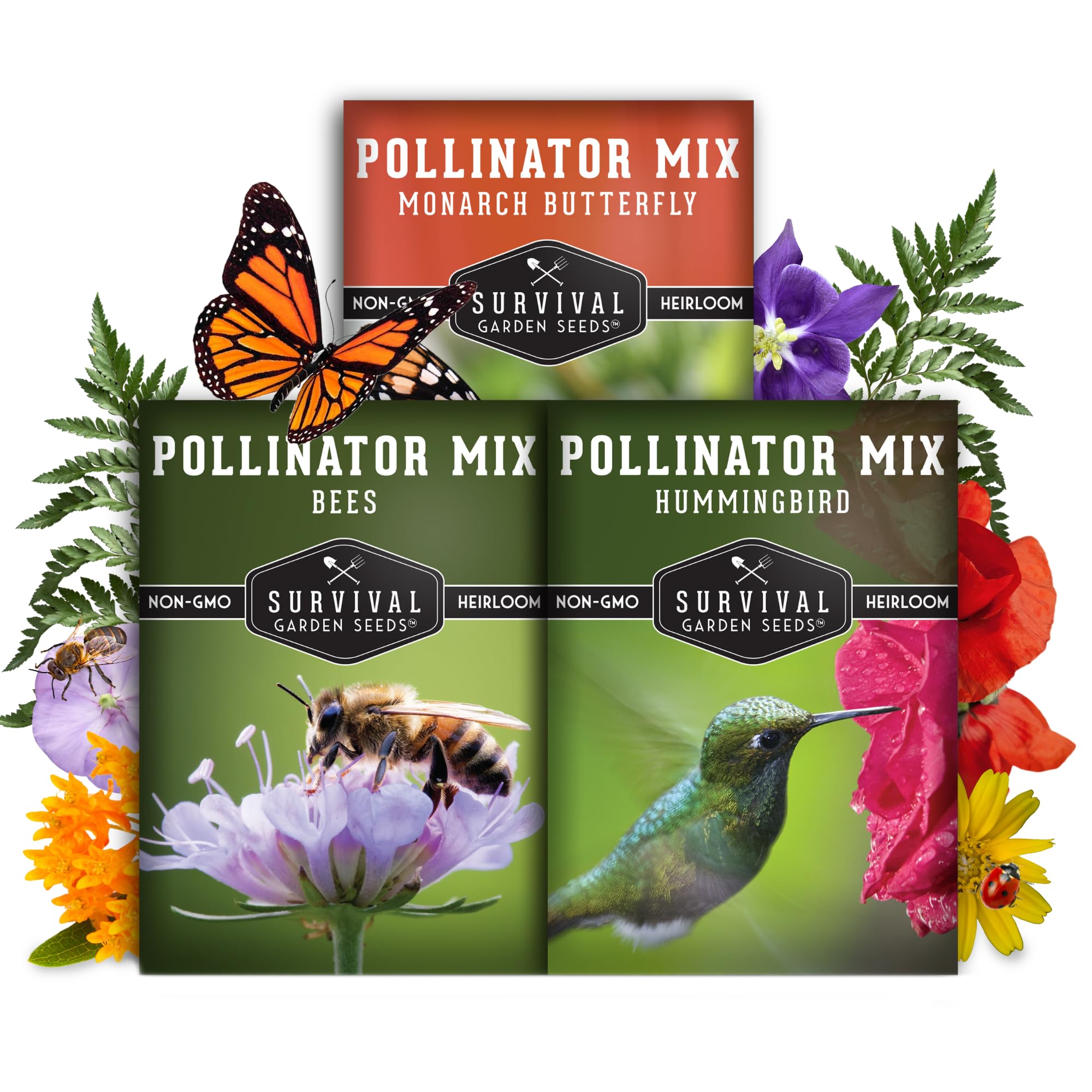 Survival Garden Seeds heirloom pollinator flowers pack ready for garden planting to attract pollinators.