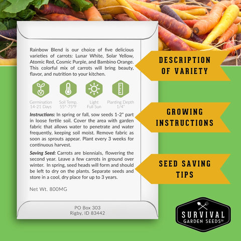 SURVIVAL GARDEN SEEDS heirloom varieties label for resilient cool-season crops.