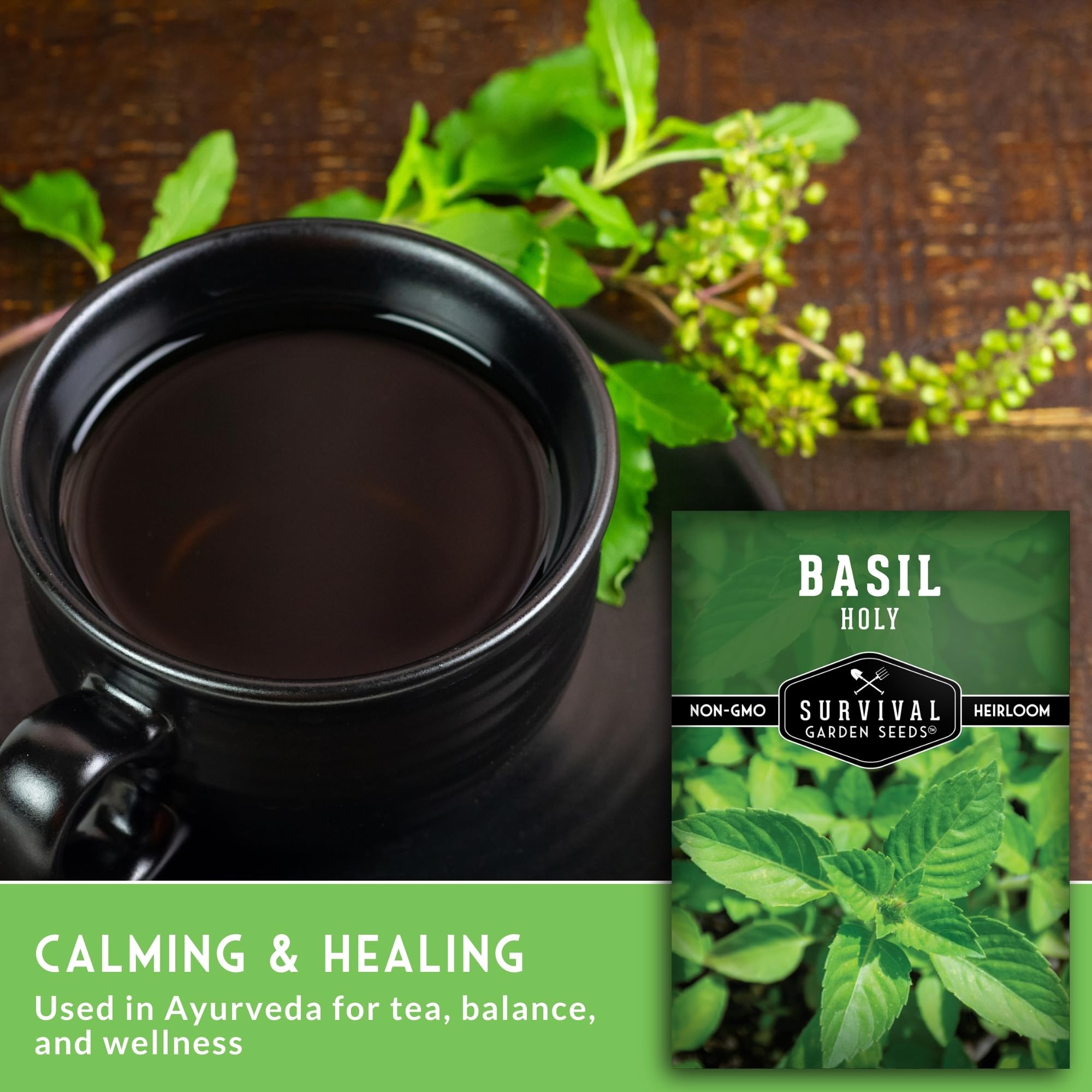 Holy Basil seed pack back with planting tips from SURVIVAL GARDEN SEEDS