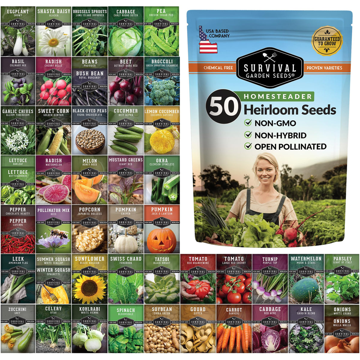 SURVIVAL GARDEN SEEDS Homesteader seed vault packets closeup with diverse heirloom varieties for year-round harvest.