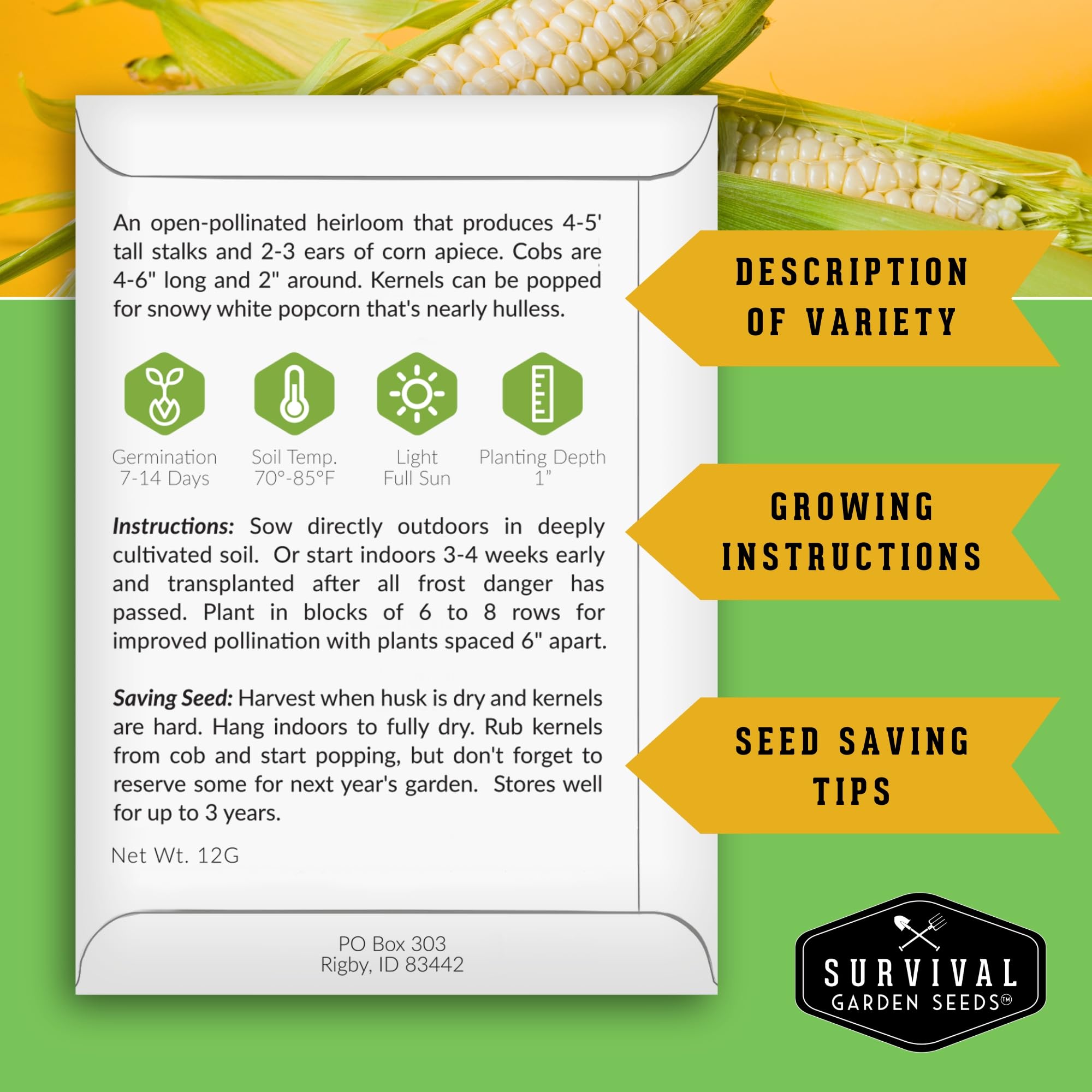 Survival Garden Seeds Japanese Hulless Popcorn seed packet with planting instructions.