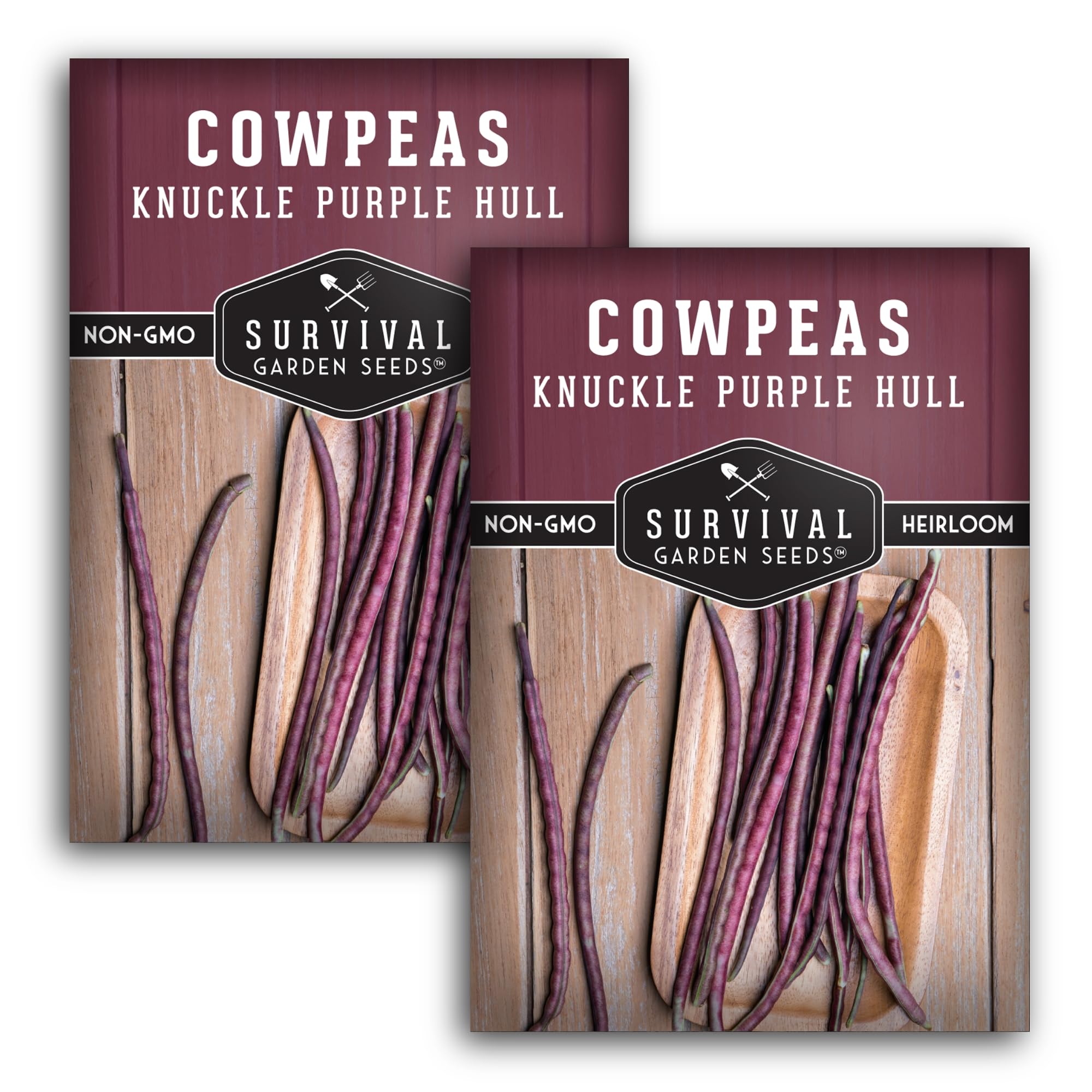 SURVIVAL GARDEN SEEDS Knuckle Purple Hull seed packets for beginner-friendly planting.