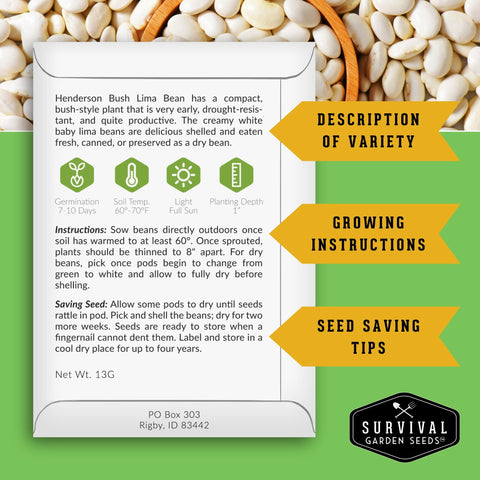 Survival Garden Seeds Lima bean plants—early harvest on compact bushes for small gardens.