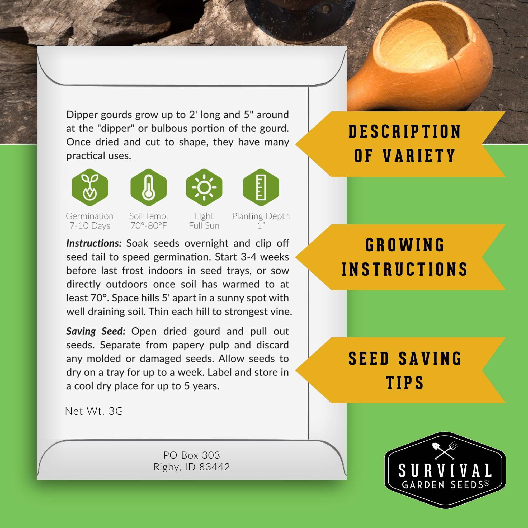 SURVIVAL GARDEN SEEDS luffa-gourd-seed-packet supports long, usable gourds and season-long harvests
