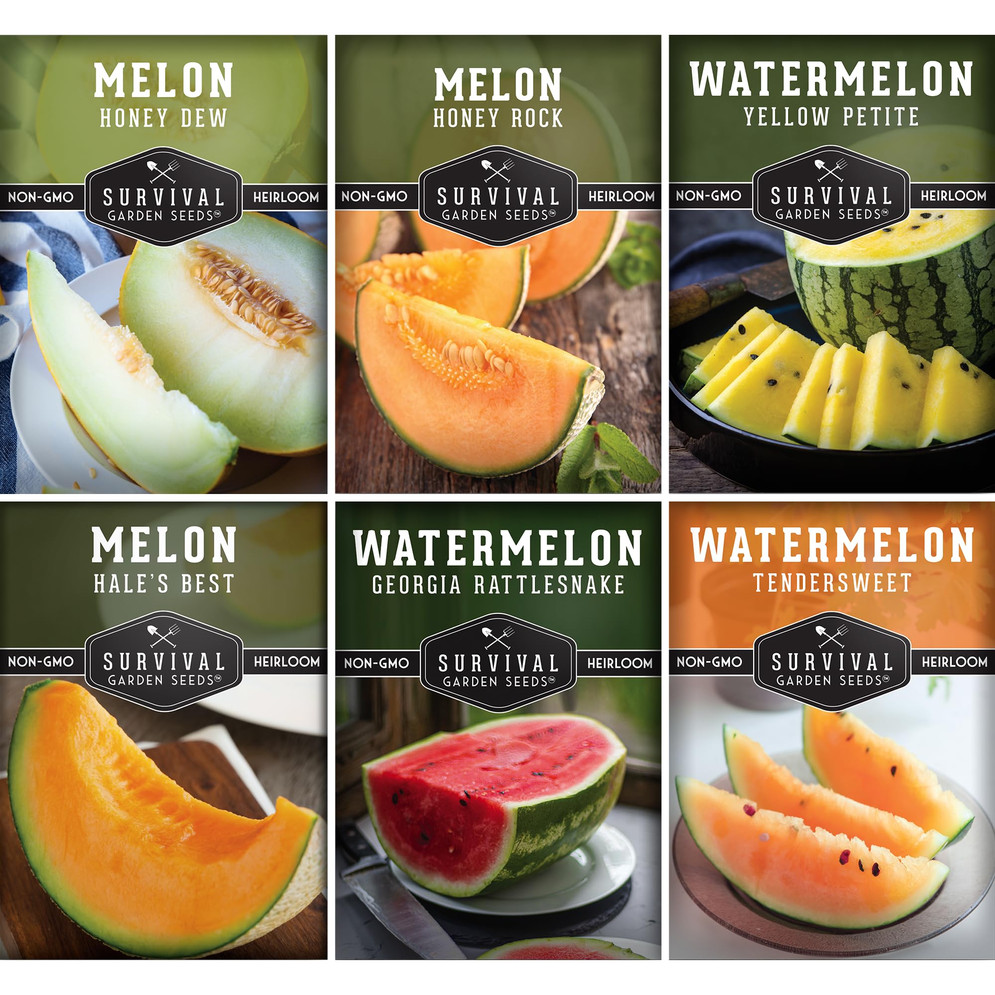 SURVIVAL GARDEN SEEDS melon variety pack front label; heirloom seeds for summer harvest