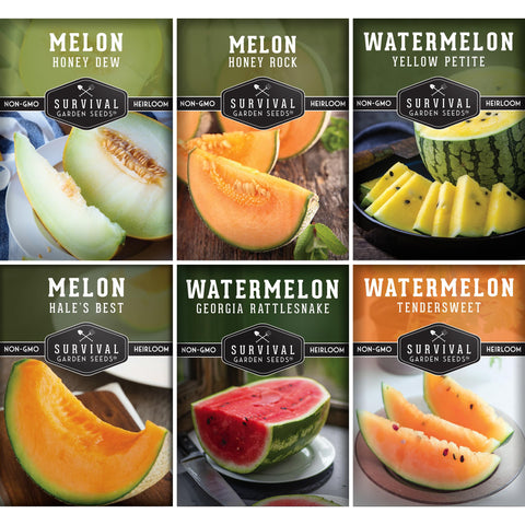SURVIVAL GARDEN SEEDS melon variety pack front label; heirloom seeds for summer harvest