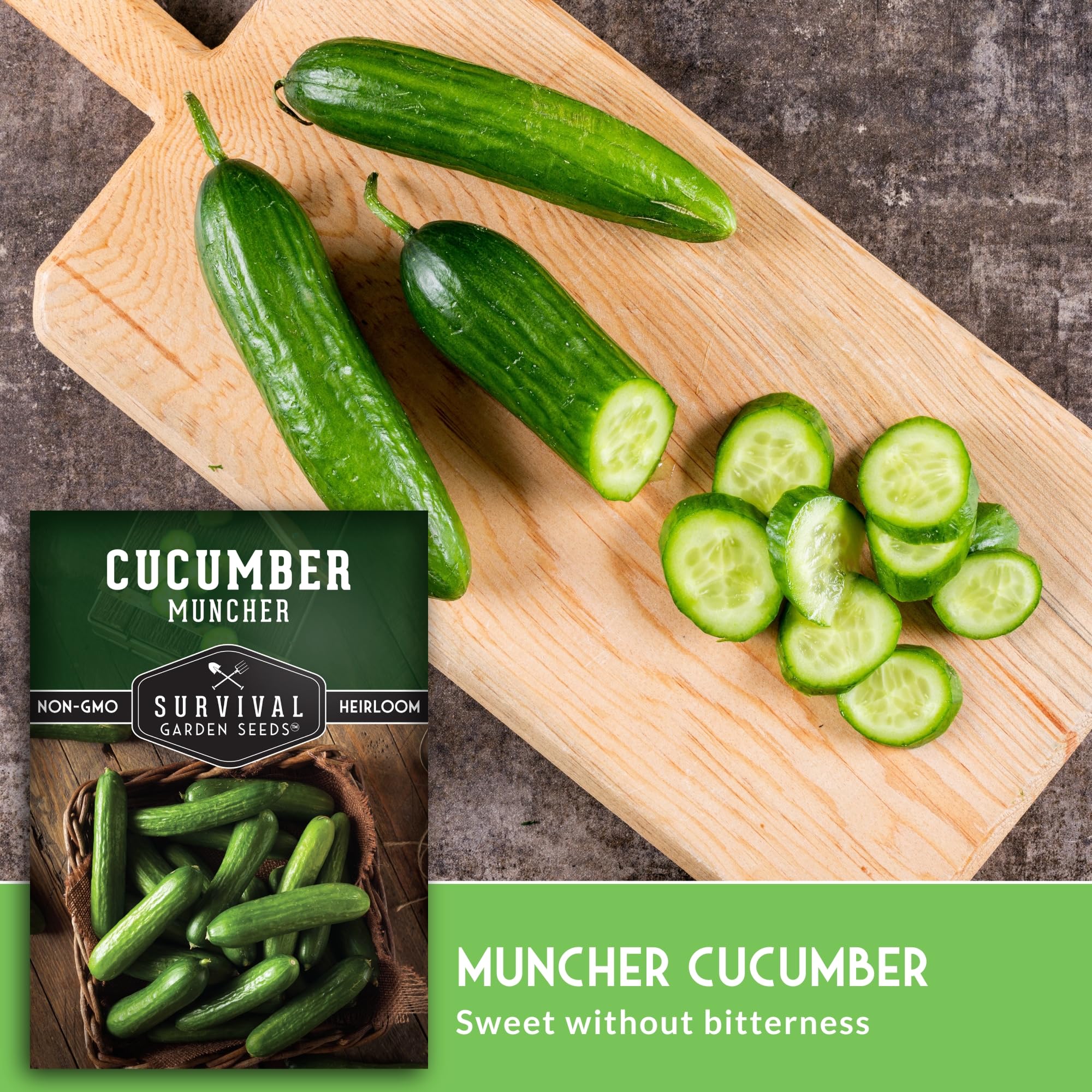 SURVIVAL GARDEN SEEDS Muncher cucumber reaches 8–9 inch slicing size for sandwiches.