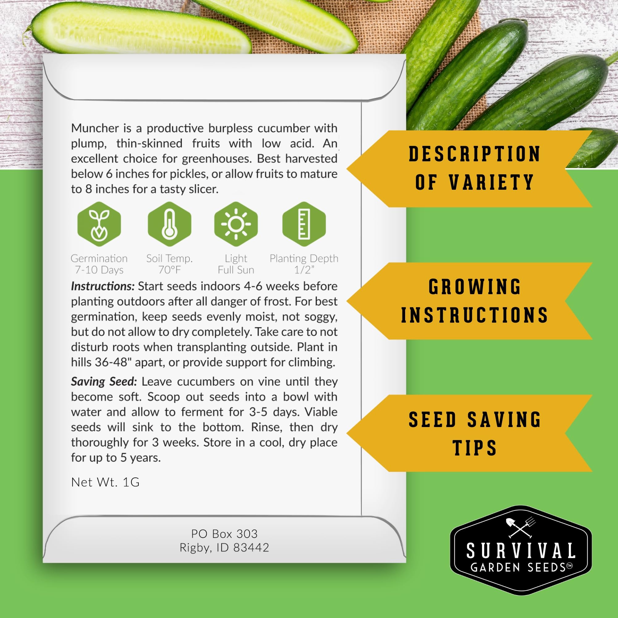 SURVIVAL GARDEN SEEDS Muncher cucumber compact vines for small-space gardens.