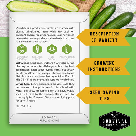 SURVIVAL GARDEN SEEDS Muncher cucumber compact vines for small-space gardens.