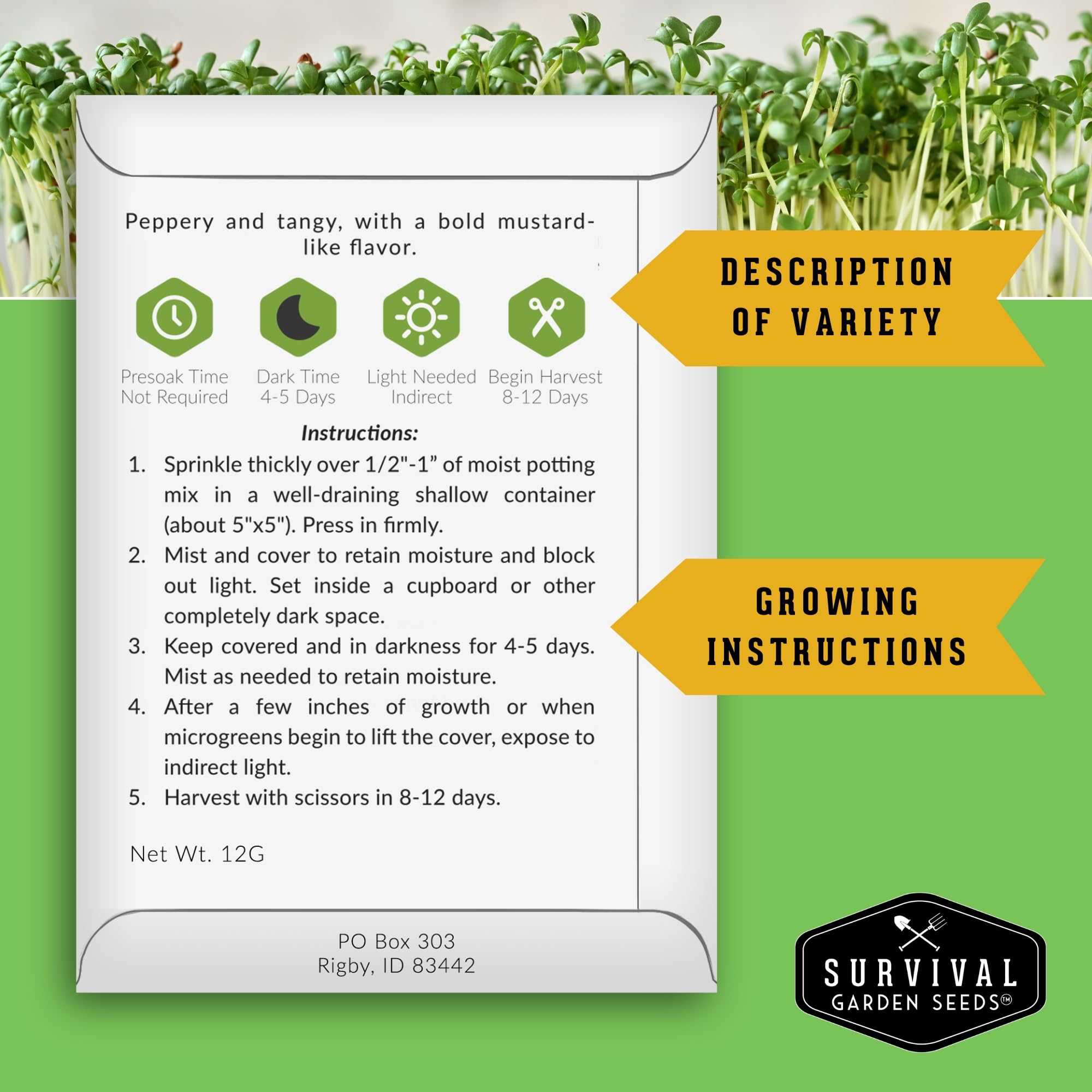 SURVIVAL GARDEN SEEDS mustard microgreens seeds offer zesty indoor greens.