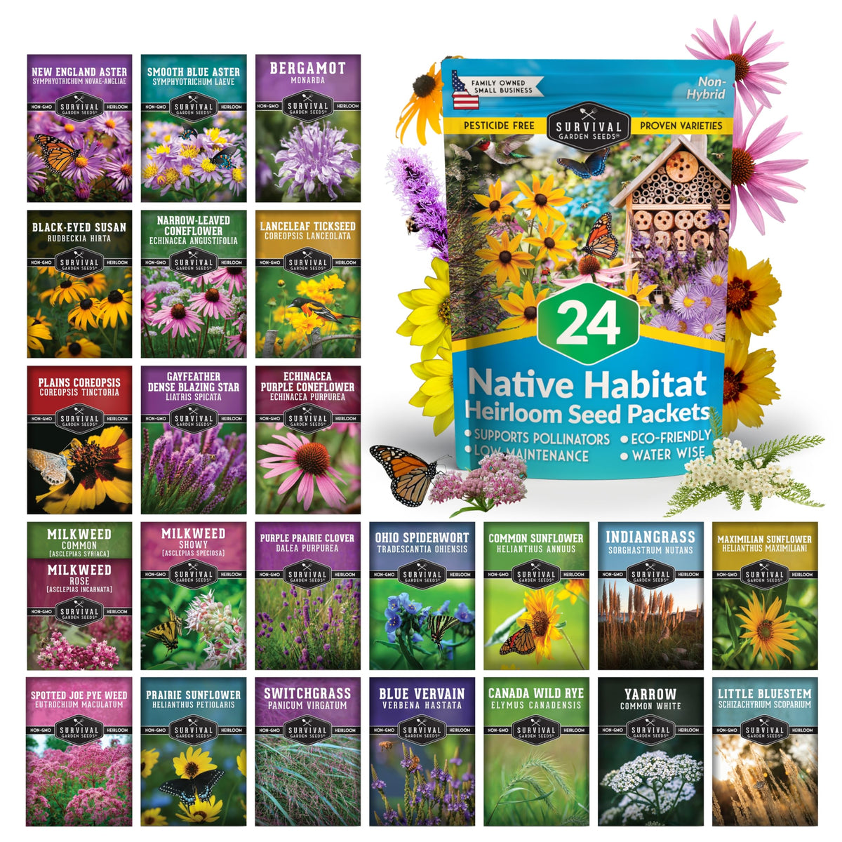 Survival Garden Seeds new england aster bloom attracts pollinators in sunny borders.