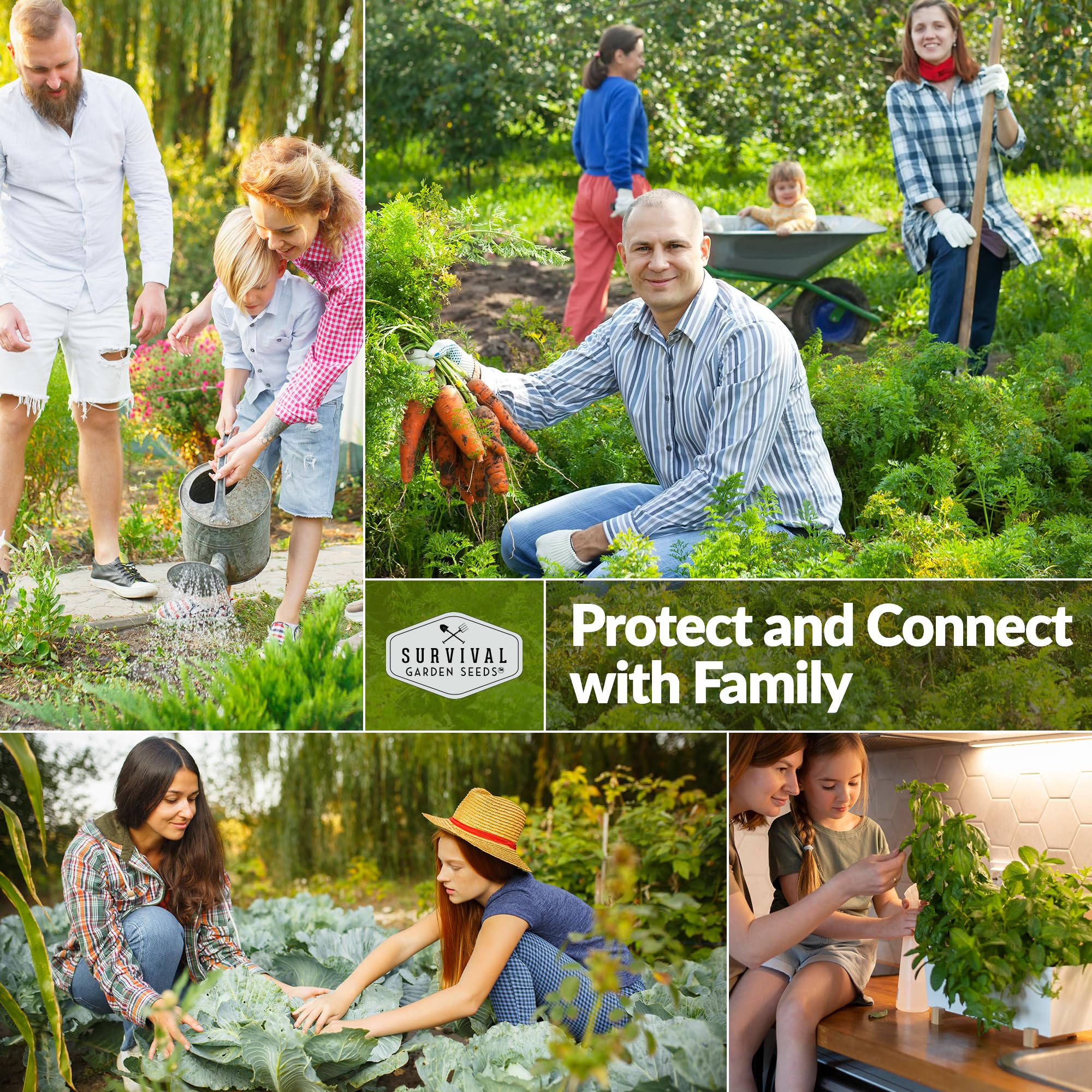 SURVIVAL GARDEN SEEDS paper seed packets with growing instructions for beginners.