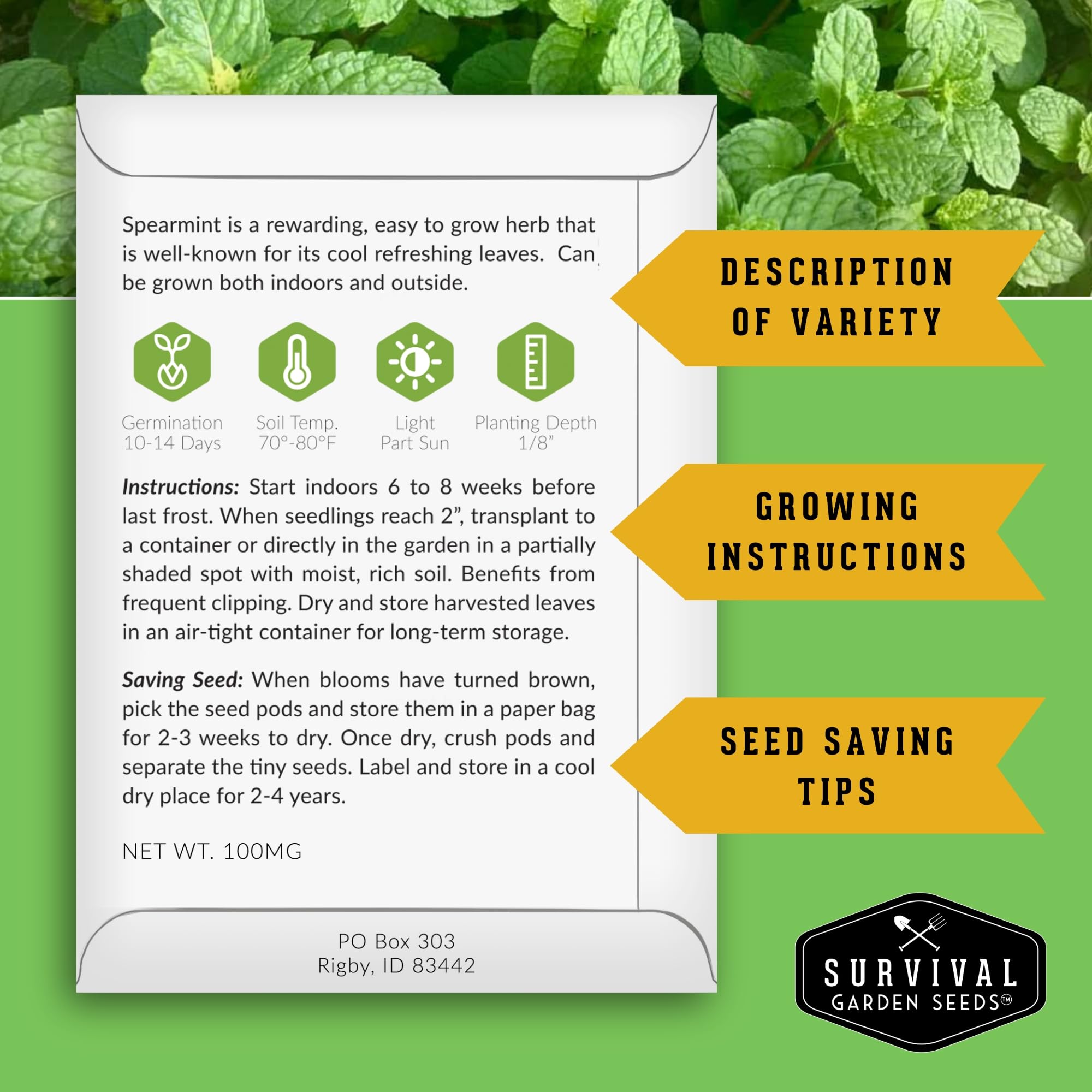 SURVIVAL GARDEN SEEDS peppermint seed packet highlighting flavorful, refreshing leaves for teas.