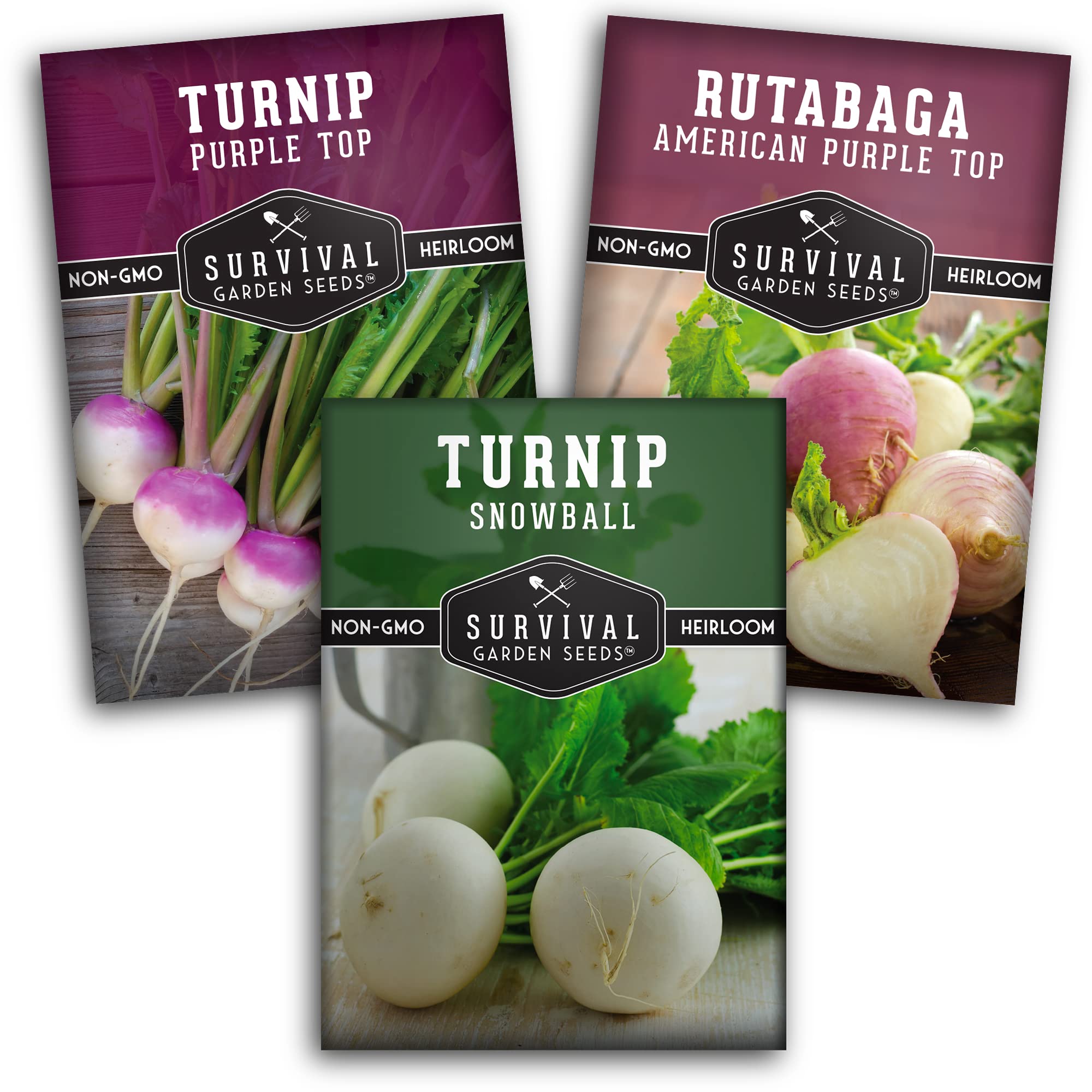 SURVIVAL GARDEN SEEDS Purple Top Turnip seed pack with vibrant greens for quick harvests.