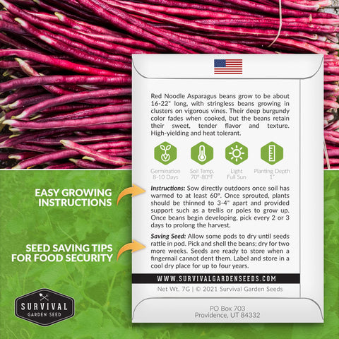 SURVIVAL GARDEN SEEDS red noodle asparagus bean seed packet in hand with planting guide.