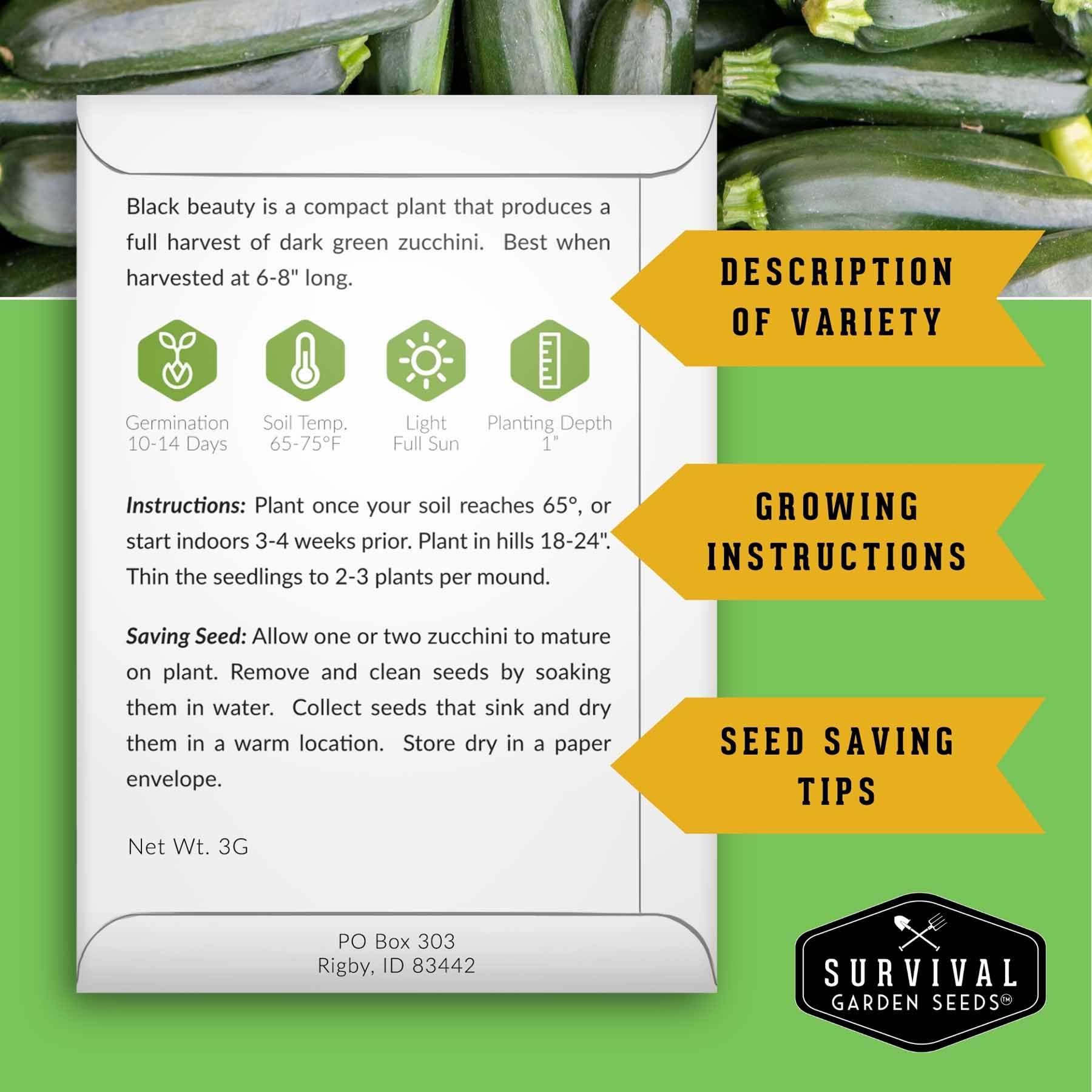 Survival Garden Seeds Round zucchini seed packet designed for versatile garden setups